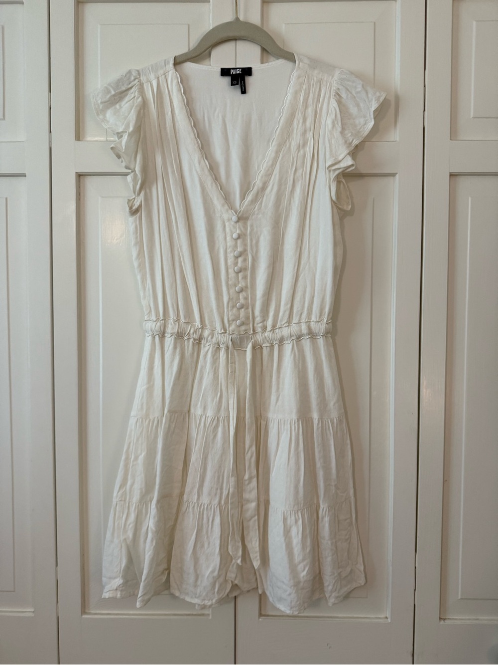 PAIGE Ivory V-Neck Tiered Mini Dress with Button Front